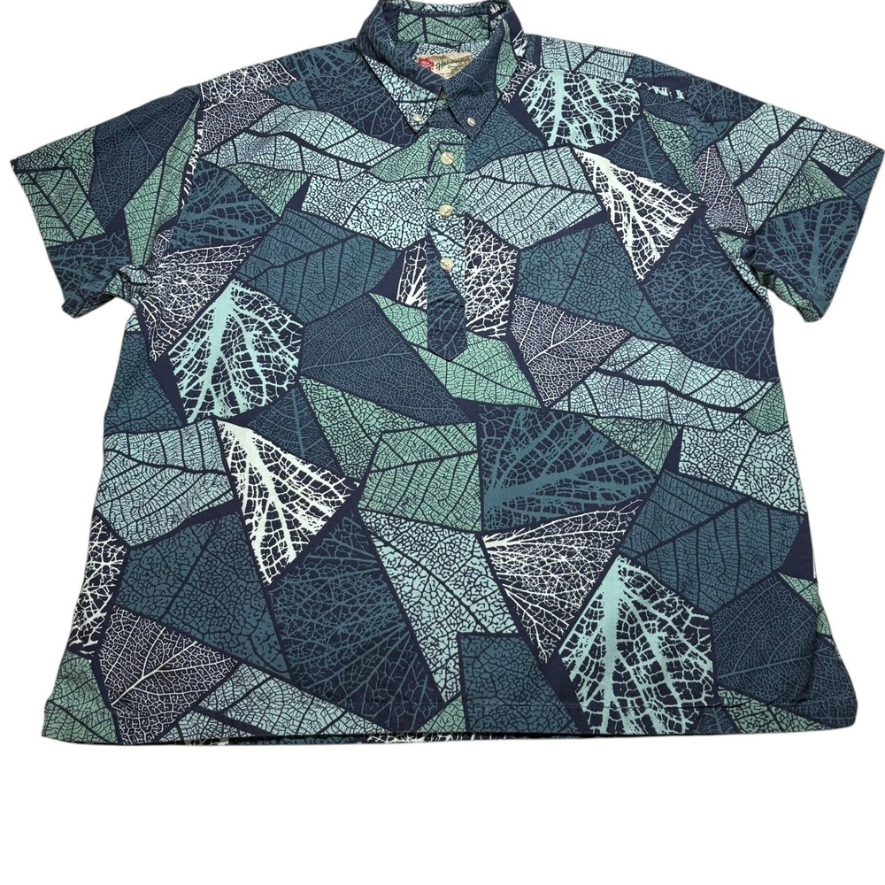 Hilo Hattie Polo Shirt XL Blue Teal Leaf Vein Geometric Made in Hawaii Aloha - Picture 3 of 6